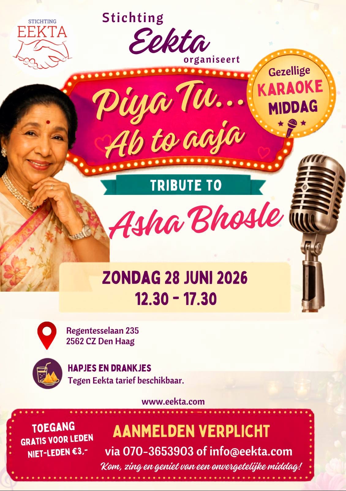 🩷 Stichting Eekta organiseert: TRIBUTE to ASHA BHOSLE🎙️