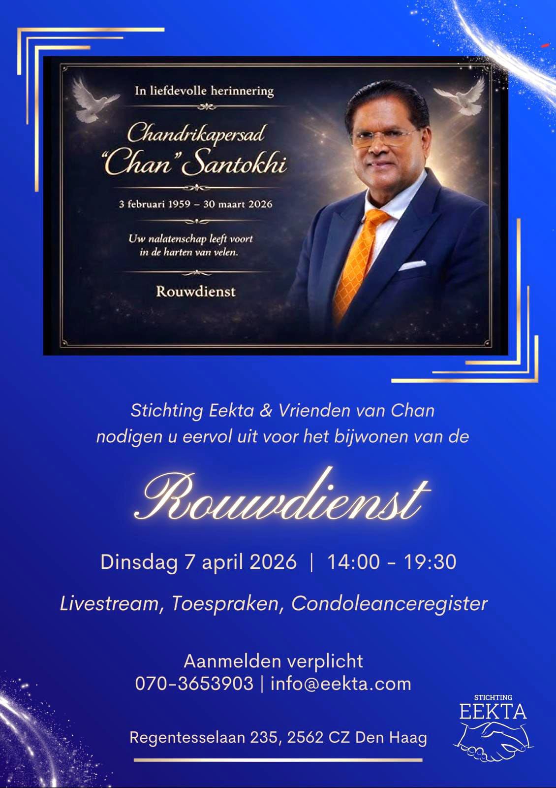 Uitnodiging voor de Rouwdienst van de heer Chandrikapersad Santokhi